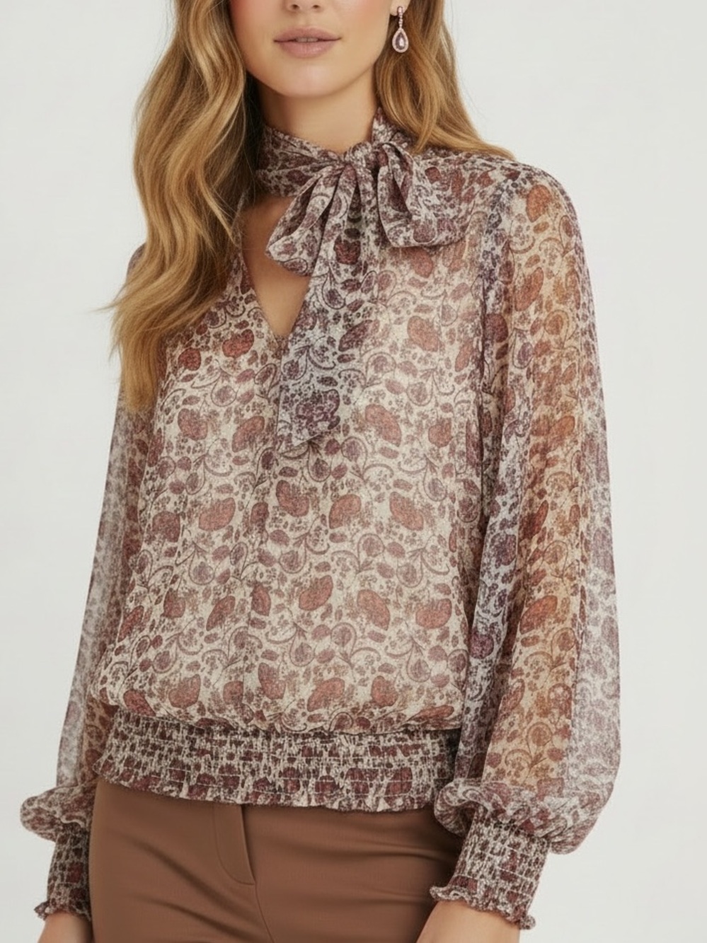 RAMY BROOK Metallic Floral Print Tie Neck Long Sleeve Elastic Waist Size Large